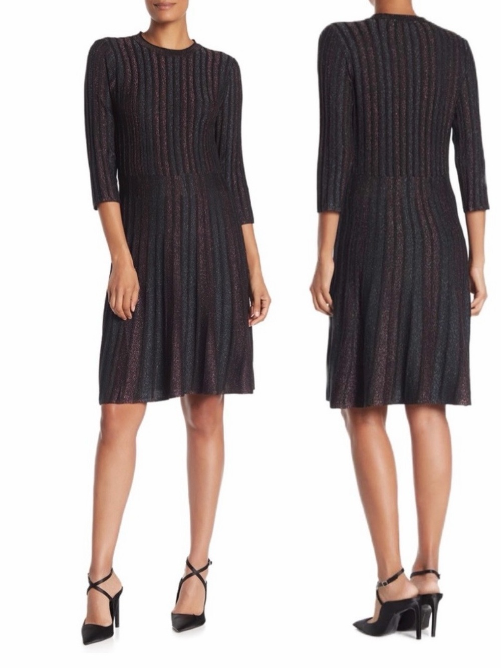 Nanette Lepore Black Knit Fit-and-Flare Midi Dress with Metallic Stripes